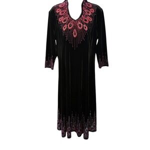 Black Velvet Maxi Dress Pink‎ Rhinestone Beaded Elegant Formal Long Sleeve M VTG